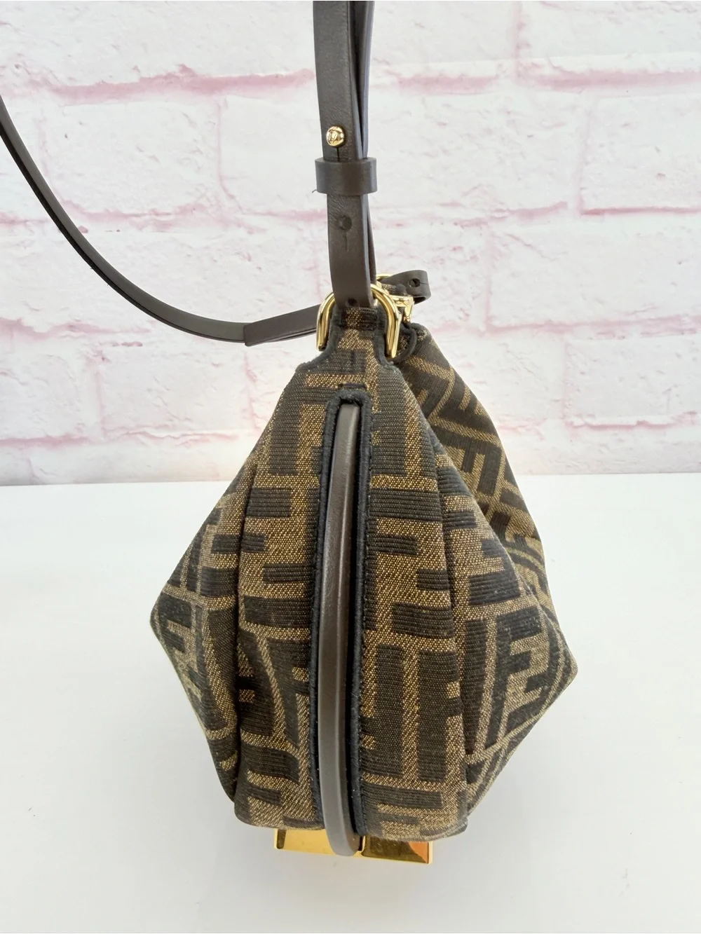 Fendi Denim Jacquard FF Effect Vitello Grace Mini Fendigraphy Hobo Bag Tobacco